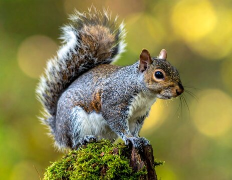 Grey squirrel perched on mossy stump in natural setting with bokeh backdrop