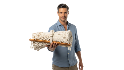 A man holding a hammock and smiling to the camera, possibly ready for relaxation