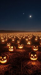 A vast field filled with hundreds of glowing jack-o'-lanterns under a starry night sky with a crescent moon, creating an eerie and festive halloween atmosphere.