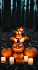 Enchanting halloween forest path with glowing jack-o'-lanterns and candles leading into a mystical dark woodland setting at night