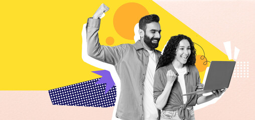 A couple is celebrating a victory while engaging with a laptop in a colorful workspace. Their excitement is evident as they show enthusiasm and happiness in this lively setting.