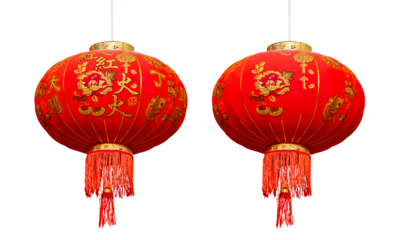 Red Chinese lantern with golden floral patterns and tassels isolated on trasparent background. Traditional decorative hanging lamp symbol for Lunar New Year festival, holiday and celebration. PNG file
