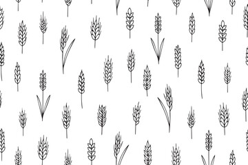  Seamless vector illustration featuring a repetitive pattern of wheat drawings. The black outlines of wheat heads are evenly distributed on a white background, creating a minimalist design.