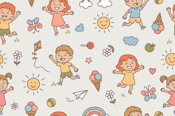 A seamless pattern featuring happy, playing, and jumping children. A bright and cheerful atmosphere with smiling faces and colorful icons of toys, kites, ice cream, and butterflies.