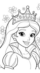 Beautiful cartoon princess with crown and flowers coloring page - outline drawing for kids and adults