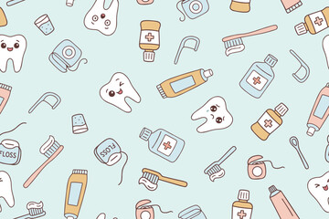 A seamless pattern featuring happy and sad teeth, along with oral hygiene items like toothbrushes, floss, and mouthwash. Perfect for promoting oral hygiene and oral health education.