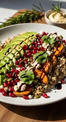 Vibrant quinoa power bowl with avocado, roasted sweet potato, pomegranate, feta cheese, and balsamic glaze on a white plate, bathed in natural light