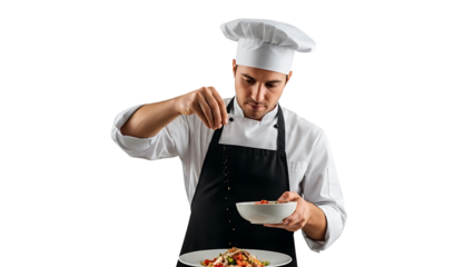 A chef is carefully seasoning the food, presenting a delicious culinary creation