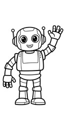 Cute waving robot coloring page for kids - friendly cartoon outline with big eyes and smile, isolated on white background