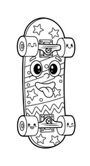 Cute cartoon skateboard coloring page with funny face and star patterns, black and white outline drawing for kids activity