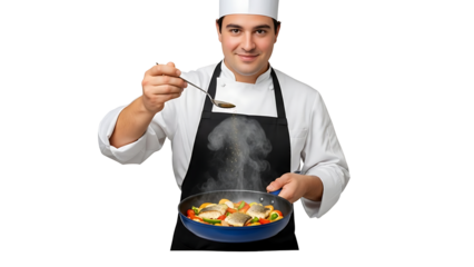 Chef cooking delicious meal in a pan, tasting