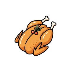 Festive cartoon roasted chicken dinner with holly and berries, isolated on white background