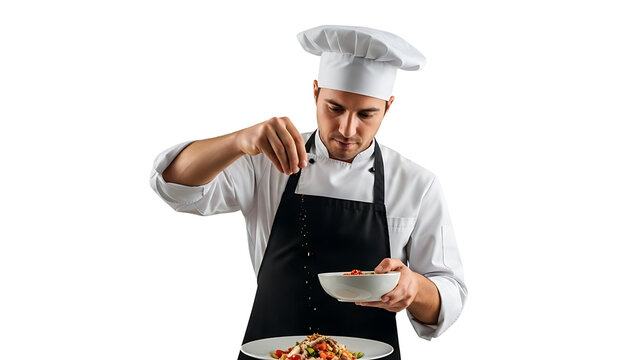A chef is carefully seasoning the food, presenting a delicious culinary creation