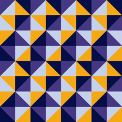 Seamless geometric pattern of triangles in bright yellow, blue, and purple colors. Retro-futuristic mosaic texture. Eps 10