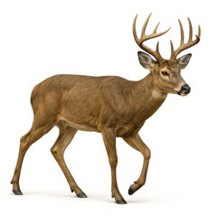 Fototapeta premium Deer with large antlers walking on white background showing detailed fur and natural brown color in calm pose