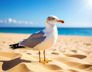 A detailed shot of a seagull perched on a sandy beach, the ocean stretching out under a bright blue sky, sun shining
