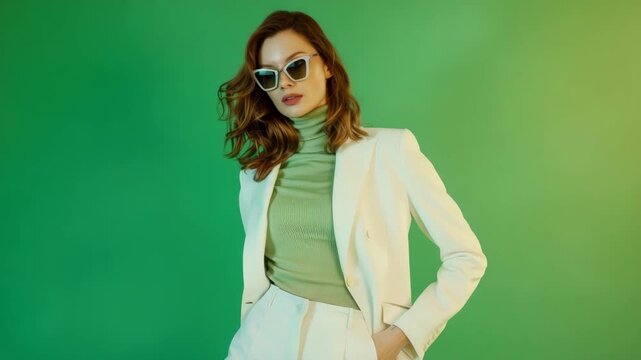 A professional fashion model striking a pose for an editorial shoot.