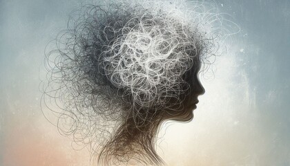 Silhouette of a human head with chaotic scribble lines, concept of anxiety, stress, depression or mental disorder, difficulties in making choices