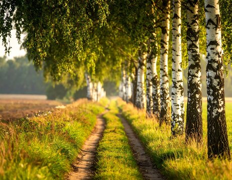 Grassy path lined with striking birch trees leads to a hazy, distant field in warm, inviting sunlight