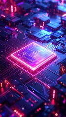 Fototapeta premium Glowing processor on a futuristic circuit board close-up
