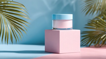 Elegant photo of Light Pink Cosmetic Jar on Pink Cube with Palm Leaf Shadows on Duotone Background