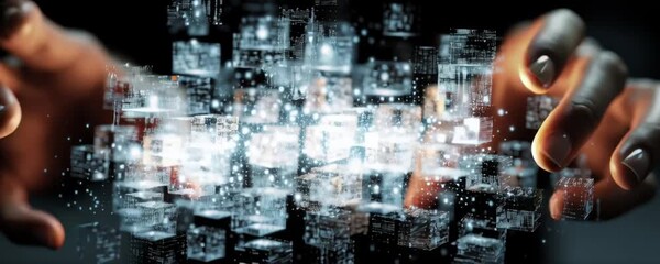 Human hands interact with glowing digital blocks, symbolizing data connection and future innovation