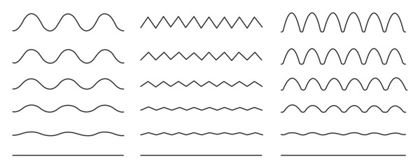wavy lines vector set. Different types of lines shown in a structured format. Abstract underlines, wavy curve line for brushes. Horizontal wave lines for web and app