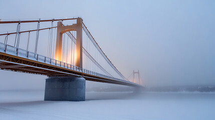 Misty Bridge Over Frozen Expanse: A winter scene with a grand bridge partially obscured by heavy mist, spanning over a snow-covered, icy landscape, shrouded in mystery.