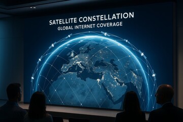 People watching a digital presentation of global satellite constellation network for internet coverage on a futuristic screen in dark room environment. Ai generative