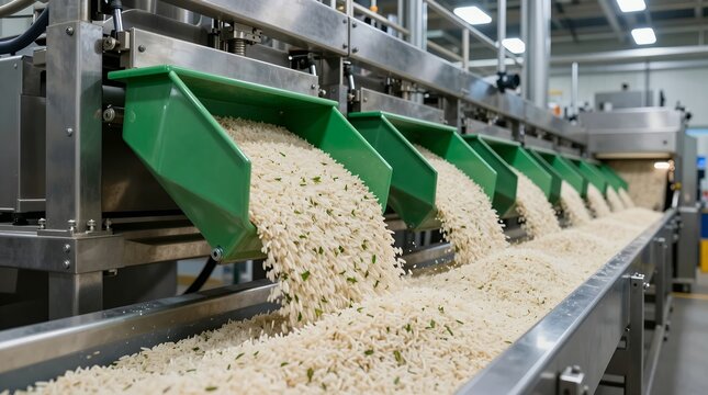 Automated rice milling production line pouring polished grain into conveyors