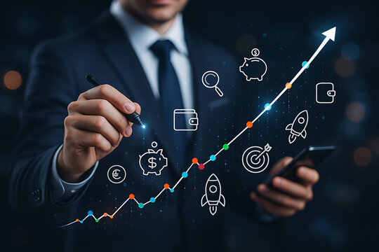 Concept of finance business growth with holographic chart signifying progress data visualization economic profit productivity management and futuristic technology - Powered by Adobe