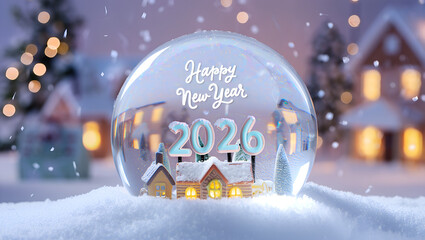 Snow globe with Happy New Year 2026 and winter village scene