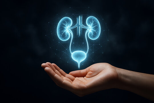 Hand holding glowing holographic kidneys and bladder symbolizing medical urology healthcare research treatment and nephrology science