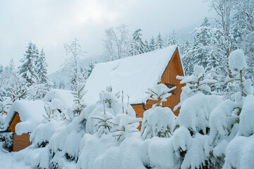 Cozy Snowy Winter Village with Traditional Houses and Peaceful Rural Landscape