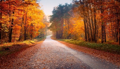Obraz premium Autumn Road In The Forest Against The Background Of An Autumn Forest Trees With Autumn Leaves