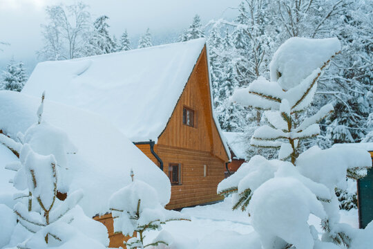 Cozy Snowy Winter Village with Traditional Houses and Peaceful Rural Landscape