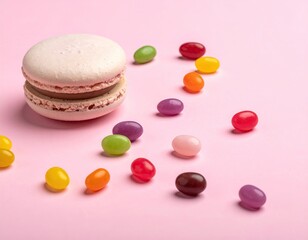 Obraz premium Macaron stack with jellybeans on pink backdrop