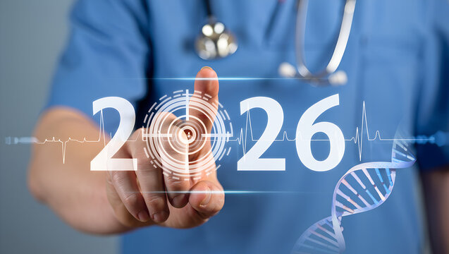 Doctor interacting with digital interface displaying 2026 and DNA   - Powered by Adobe