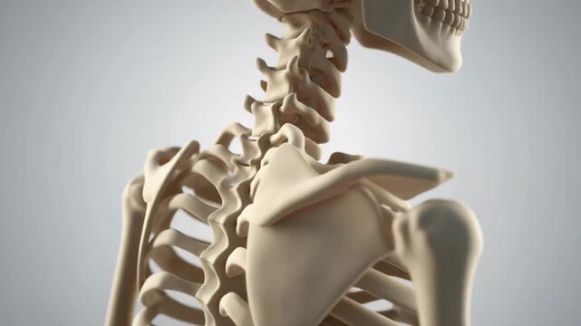 Close-up animated 3D rendering of the human skeleton's cervical spine and shoulder joints showcasing intricate bone structure and anatomical detail against a clean background