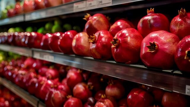 A closeup shot of a grocery store shelf stocked with pomegranates and other fruits.