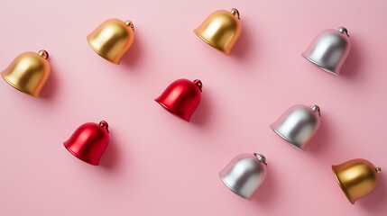 Festive Bells on Pink: A colorful arrangement of golden, silver, and red bells scattered across a light pink background, perfect for holiday cheer. Minimalist holiday concept.