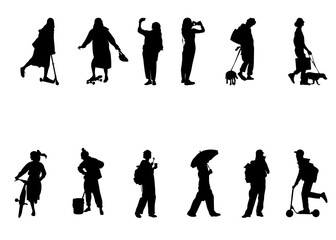A dynamic set of 12 modern urban silhouettes featuring people walking, riding scooters, traveling and walking dogs. Perfect for lifestyle graphics, fashion layouts, UI illustrations, educational.
