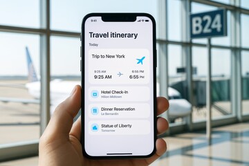 Smartphone displaying travel itinerary app interface in hand at airport terminal gate with airplane outside window in bright natural daylight background. Ai generative