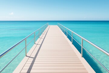 Wooden pier with metal railings stretching into turquoise ocean under clear blue sky, symbolizing travel and relaxation by the sea. Ai generative