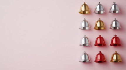 Obraz premium Festive array of gold, silver, and red bells on a soft pink background, evoking a sense of holiday cheer. Minimalist, clean aesthetic ideal for seasonal designs.