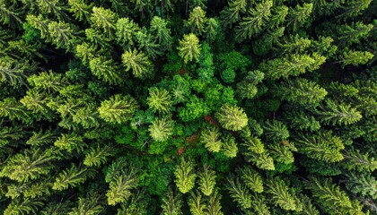 Fototapeta premium Forest canopy view; lush, dense, green, aerial perspective