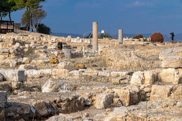 Archaeological ruins of the ancient city at Sepphoris Zippori National Park in northern Israel, with natural Galilee landscape, stone walls and excavations under clear daylight 