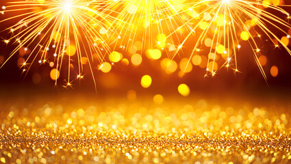 Golden sparkling background with fireworks and bokeh effect  