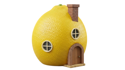 Lemon house miniature with chimney and wooden door, isolated on transparent background