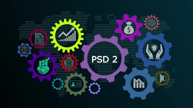 PSD2 animation video illustrating international standard organization protocols, global technology, and internet networking for secure financial transactions and digital banking innovation.